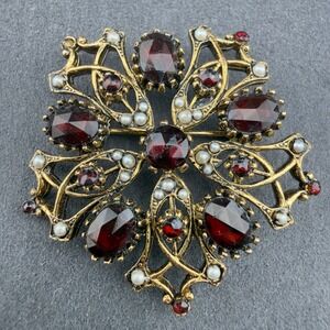Arthur Pepper ART Vintage Red Glass Faux Pearl Gold Tone Brooch Pin